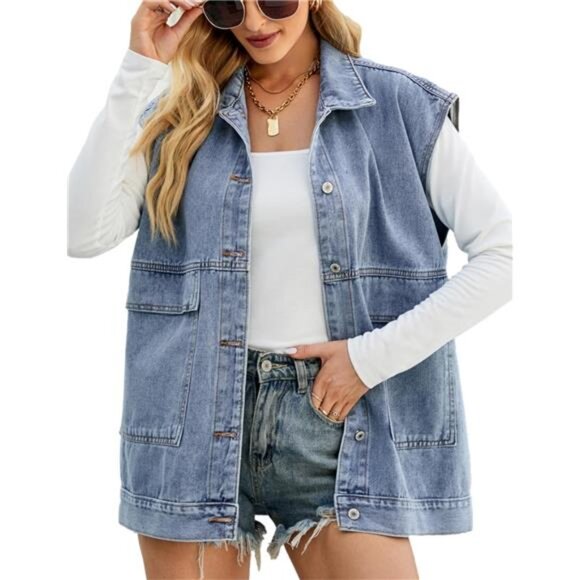 New Women's Cropped Distressed Denim Vest - Ripped Sleeveless Jean Jacket with - Picture 1 of 6